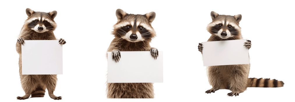 Three cute raccoons holding blank signs in a playful pose. png
