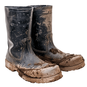 A pair of dirty rubber boots covered in mud for outdoor activities png