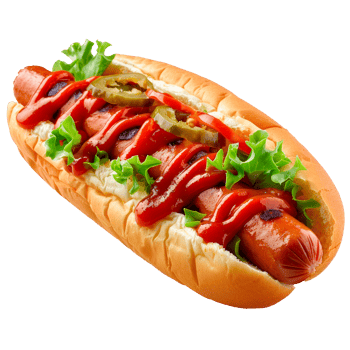A delicious hotdog topped with ketchup, mustard, pickles, and lettuce. png