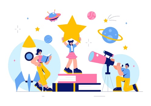 Astronomical Observation Illustration Featuring a Starry Sky with Telescopes and Planets vector