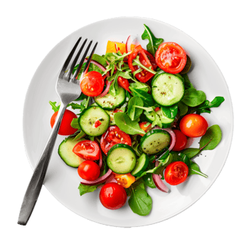Fresh salad with cucumbers tomatoes and greens on a white plate png