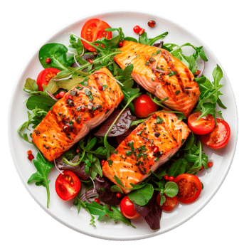Grilled salmon fillets served on a bed of fresh salad greens with tomatoes png