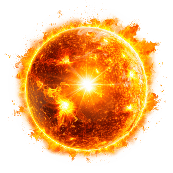 A vibrant depiction of the sun radiating heat and light in space. png