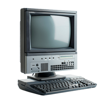 A vintage desktop computer with monitor and keyboard on a transparent background png
