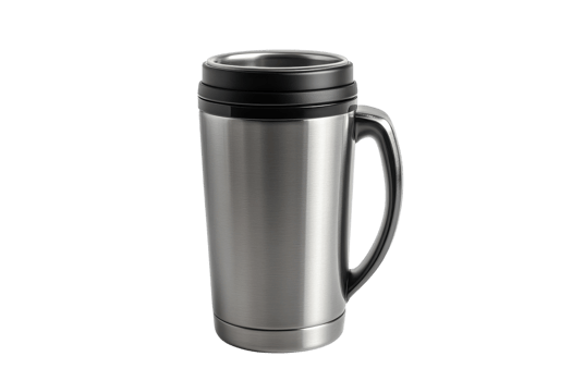 Stylish stainless steel travel mug ideal for coffee on the go during morning commutes or outdoor adventures png