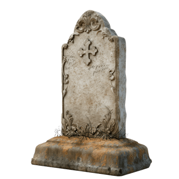 Weathered tombstone in a cemetery with intricate designs and cross. png