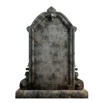 An ornate stone tombstone with a skull design on top isolated on transparent background png
