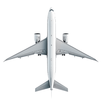 Aerial view of a commercial airplane isolated on a transparent background png