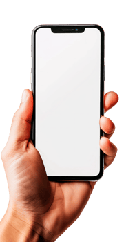 A hand holding a smartphone with a blank screen on a transparent background. png