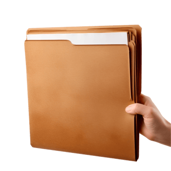 A person holding a brown file folder in an office setting. png