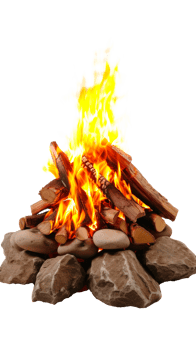 A vibrant campfire with flames and logs surrounded by stones png