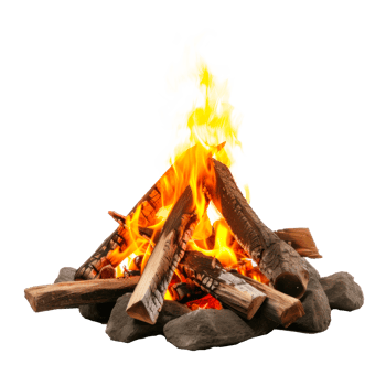 A vibrant campfire with logs and flames on a transparent background png