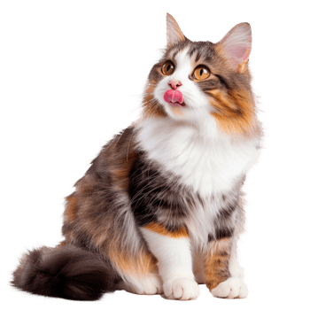 A fluffy domestic cat with a colorful coat sticking out its tongue. png