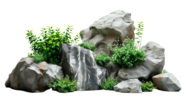 A collection of realistic rocks and greenery for natural landscape design. png