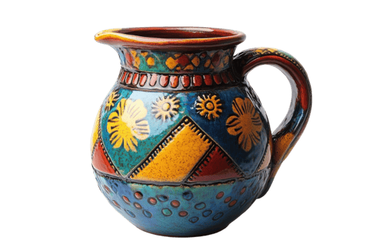 Colorful ceramic pitcher with intricate designs featuring flowers and geometric patterns png