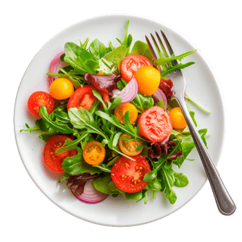 A vibrant salad with fresh greens and colorful tomatoes served on a plate. png