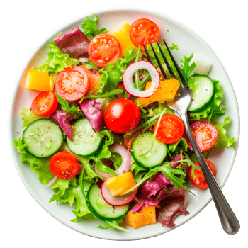 A vibrant salad with fresh vegetables on a white plate. png