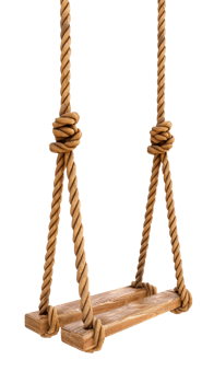 A wooden swing hanging from thick ropes, ideal for outdoor play. png
