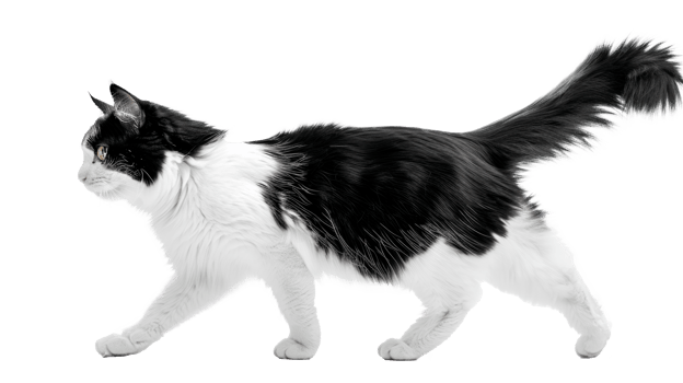 A playful black and white cat running on a transparent background png