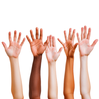 A diverse group of hands raised together symbolizing unity and collaboration png