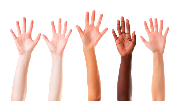 Diverse hands raised in unity showcasing inclusion and support for all. png