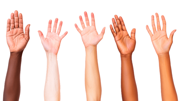 A diverse group of hands raised in unity and support png