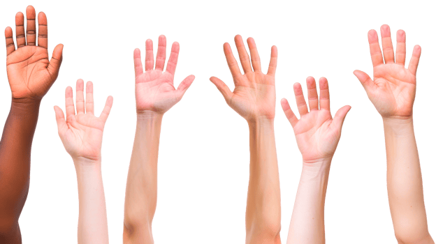 Diverse hands raised in a gesture of unity and support. png