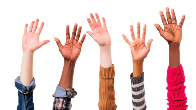 Diverse group of raised hands symbolizing unity and support. png