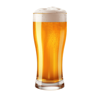 A tall glass of golden beer with a frothy top on a transparent background png