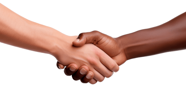 Hands of different skin tones shaking in a gesture of unity and respect. png