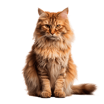 Fluffy orange cat sitting elegantly with a striking gaze on a transparent background png