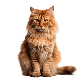 A fluffy orange cat sitting gracefully with striking eyes. png