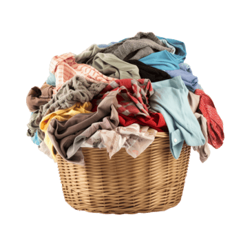 A basket overflowing with assorted laundry clothes and textiles. png