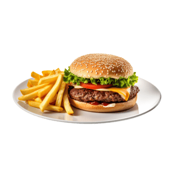 Delicious cheeseburger with lettuce, tomato, and fries on a plate png