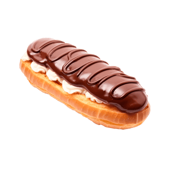 Chocolate eclair filled with cream on a transparent background png