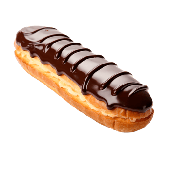 A delicious chocolate eclair pastry filled with cream and topped with chocolate. png