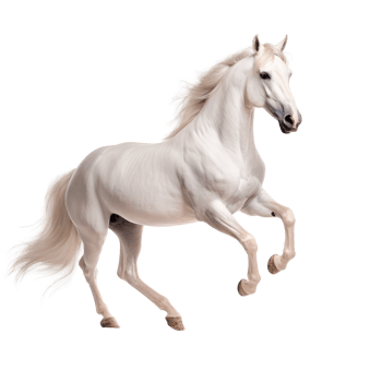 A majestic white horse with a flowing mane in a natural pose. png
