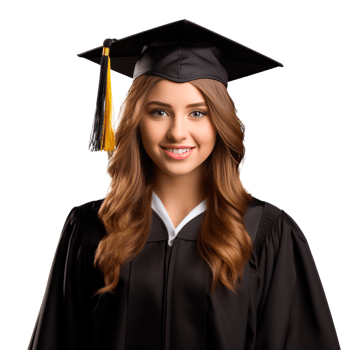 A smiling female graduate wearing a cap and gown celebrating her achievement png