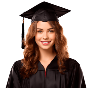 Smiling female graduate in cap and gown celebrating academic achievement png