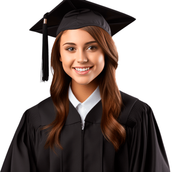 Smiling graduate wearing a cap and gown celebrating academic achievement. png