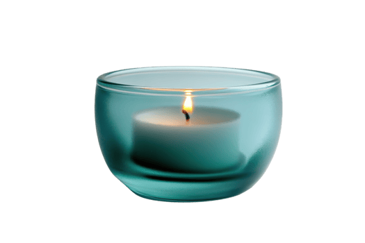 Elegant teal glass candle holder with a burning white candle in a serene setting png