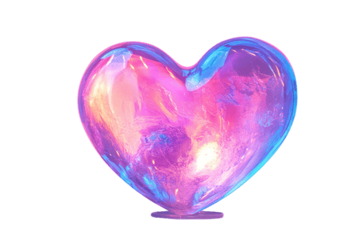 Colorful heart-shaped sculpture with iridescent hues on display in a bright gallery setting png