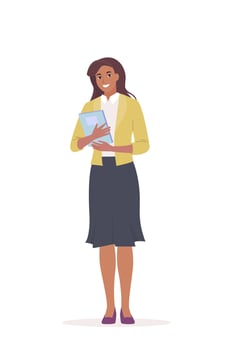 Young woman Teacher character in suit standing and holding file or textbook. The concept of school, teachers day, back to school. Flat illustration vector