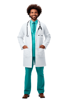 Male doctor in scrubs and lab coat smiling confidently for healthcare promotion png