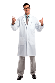 Smiling doctor in a lab coat poses confidently on a white background png