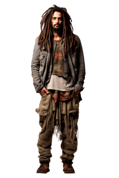A fashionable man with dreadlocks wearing casual streetwear and posing confidently. png