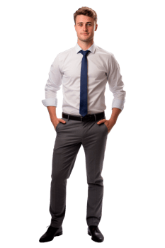 A confident young man in formal attire standing against a transparent background png