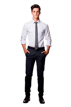 A confident young man in a formal business attire standing with hands in pockets png