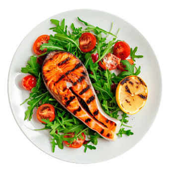 Grilled salmon fillet served on a bed of arugula and tomatoes png