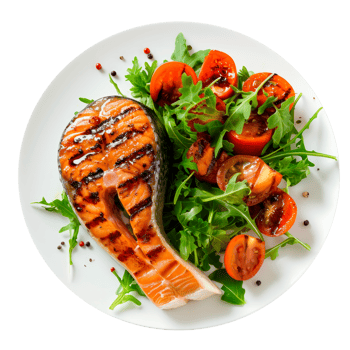 Grilled salmon steak served with fresh arugula and cherry tomatoes salad png